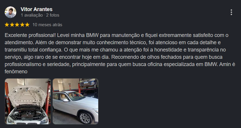 Avaliação 5 estrelas de Vitor Arantes no Google, com fotos do motor e do BMW dele, elogiando conhecimento técnico, atenção aos detalhes, honestidade e transparência da Forza Motors